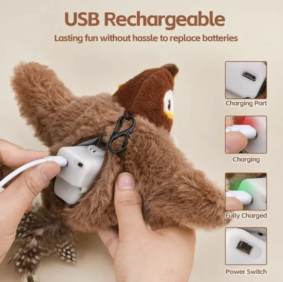 Interactive Chirping Bird Cat Toy – USB Rechargeable, Touch-Activated, Flapping Wings & Cat Teaser Attachment
