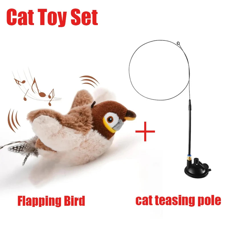 Interactive Chirping Bird Cat Toy – USB Rechargeable, Touch-Activated, Flapping Wings & Cat Teaser Attachment