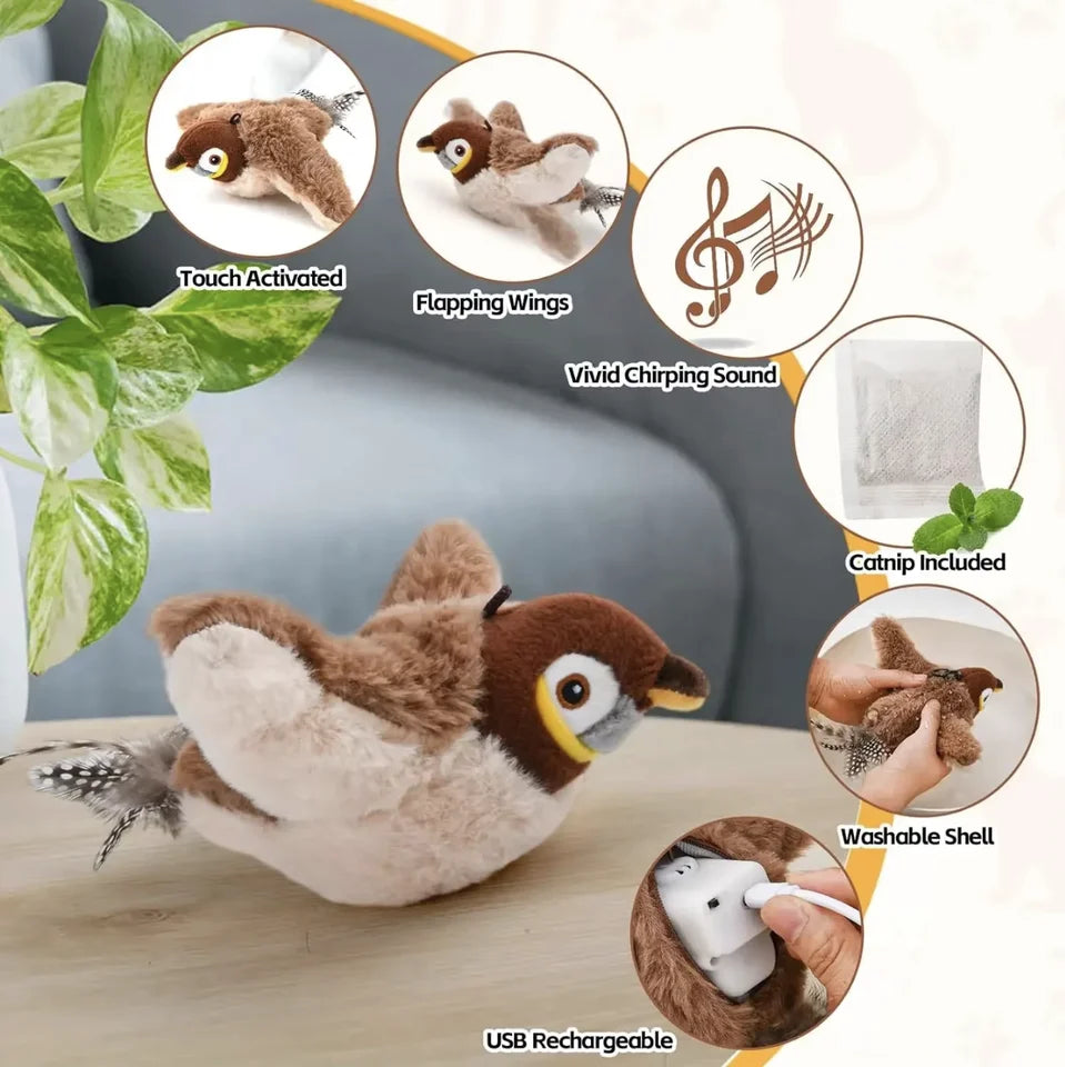 Interactive Chirping Bird Cat Toy – USB Rechargeable, Touch-Activated, Flapping Wings & Cat Teaser Attachment
