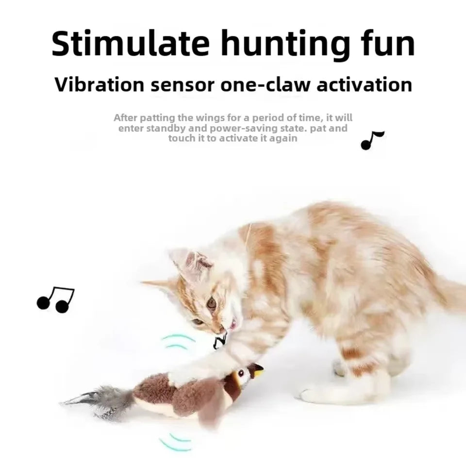 Interactive Chirping Bird Cat Toy – USB Rechargeable, Touch-Activated, Flapping Wings & Cat Teaser Attachment